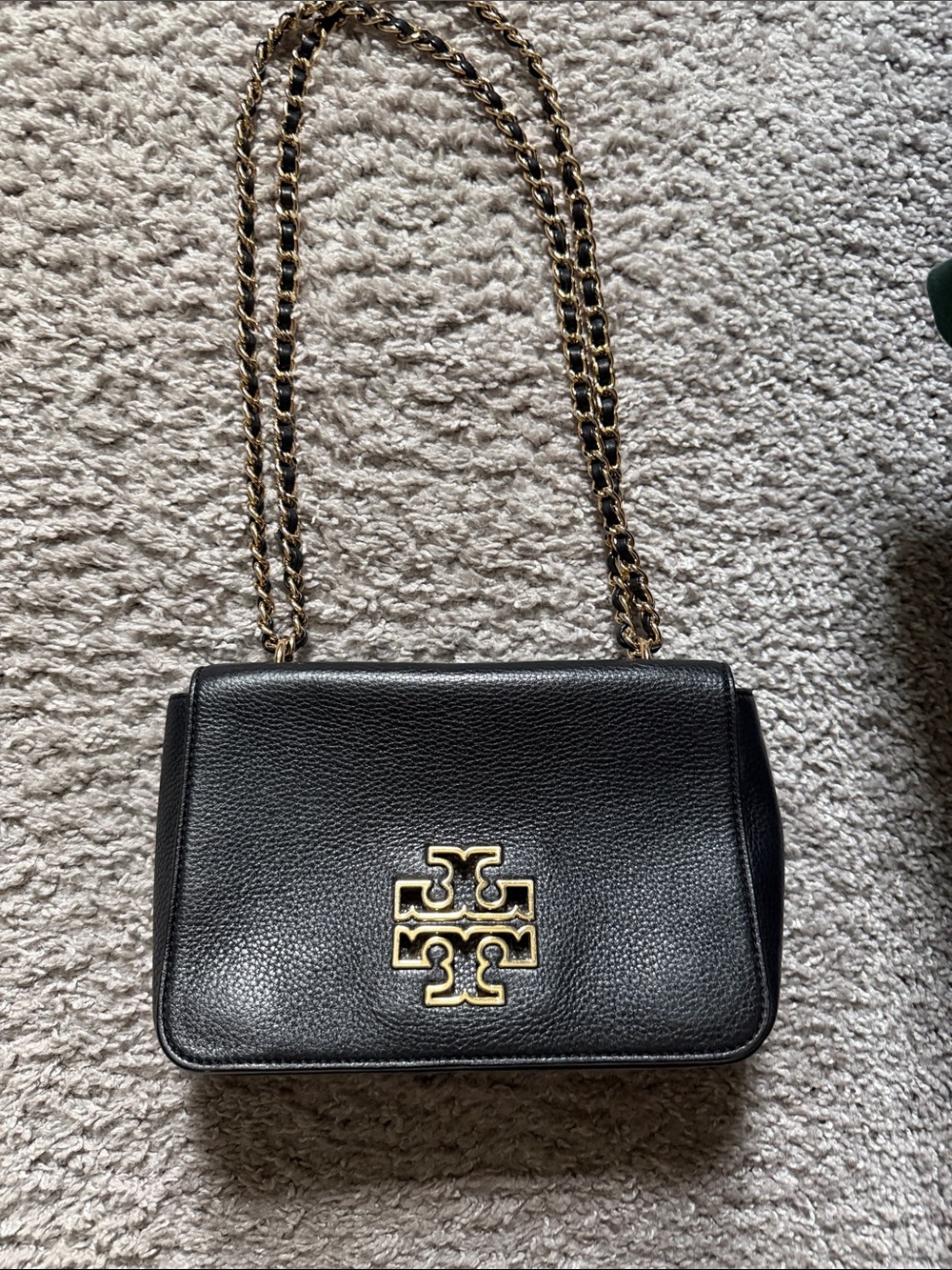 Black Leather Crossbody Bag with Gold Logo and Chain Strap